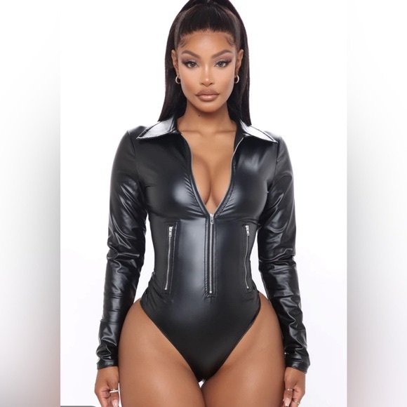 FASHION NOVA - Faux Leather - Biker Baddie Zip Front Bodysuit - Black - Picture 1 of 4